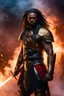 Placeholder: wabstyle, Ultra-High-Definition, 8k, UHD, HDR, glowing, ultra fine and beautiful black man warrior, long glowing hair, smoke, blur, (full body photo of a cosmic warrior), (with burning red eyes: 0.9), (golden metal armor), (fog,:1.2), (mist:1.3), ((cosmic background)), ((big golden wings))