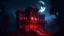 Placeholder: An eerie digital art piece showing the abandoned mansion bathed in the crimson light of the bloody moon. The pixelated details add a modern twist to the spooky scene, creating a sense of unease