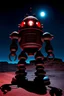 Placeholder: A dynamic and detailed shot of a Robby the Robot from forbidden planet, walking near a blue and red sandstone bluff at night, dark shadows spotlights, shot with a film camera and wide angle lens, shot from a low position to add fear