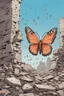 Placeholder: A very small butterfly with tattered wings flies by in the midst of crumbling ruins, comic book style