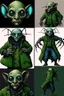 Placeholder: Artist Jean-Baptiste Monge style. A old biomorph male humanoid with Ant face. Bright eyes. A green and blue striped outfit. Modifiers: Tim Burton Craig Rutkowski Modifiers: neon glowing Iridescent black ink