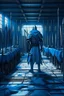 Placeholder: Fantasy knight with a blue tabard standing in a barracks with rows of weapons