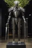 Placeholder: A humanoid being made entirely of sharpened metal blades and spikes stands before a mechanical tree. Photograph.