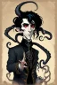 Placeholder: black haired young man necromancer wizard with gothic jewelry and tentacle fingers in the style of Fyodor Pavlov