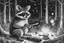 Placeholder: At dusk a curious raccoon explores the forest. Tiptoeing into human campsites, intrigued by artifacts they found.- Pencil drawing, realistic, graphite
