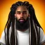 Placeholder: a black man with long dreadlocks and a large unkempt beard. He has scars all over his face and has a large colorful robe.