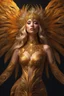 Placeholder: acid lighting, from below, hyperdetailed, hyper realistic, epic action full body portrait Incredible beautiful of Firebird girl with the merger between gold and fire, lohypnotic opinion, fractal hair and feathers, detailed face, inquisitive soul | inspiration | gold colors, intricate detailing, surrealism, fractal details, enigmatic flirty smile, view from back, dressed in complex chaotic diamond outfit, artificial nightmares style, reflective eyes, detailed eyes, Low cut dress