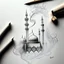 Placeholder: Create a detailed pencil sketch featuring smoke tendrils intertwining with abstract shapes inspired by Islamic architecture, forming an asymmetrical mosque-like structure that harmoniously fills the entire canvas.