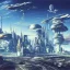 Placeholder: Spaceport on a heavy industrialized planet with a vibrant city in the background and a starting spaceship in the foreground, art by John Berkey, buildings with glass facades, insanely detailed, vibrant, 8k uhd, cinematic atmosphere, ultra-wide angle, street level view, brush strokes, blue sky with clouds, sharp focus