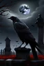 Placeholder: un cuervo de ojos rojos mirando la luna teticra con un cielo lugubre en un cementerio, imagen realista