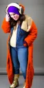 Placeholder: Brunette.thick thighs,thick calves,flat belly,curvy fell. big head. Mantle is sewed of upcycled Denim and sewed together of camouflage pieces. Pieces' color are orange, cream and purple. It is with big bright purple felt tippet and cream-colored-hood. mantle is merged with satchel. . Big AKG-style headphones (gold rings!) is merged with small felt cap with small visor. Style: Haute Couture in 1910's, N.Y.C fashion in 1996, inspired by street art 2023 Paris