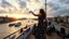 Placeholder: UK oxford street over times river, on wide deck of a big moving ship beautiful lady dancing to camera ,ochestra players sitting around and playing music ,ships in river, cloudy sky,sunset,golden sky