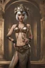 Placeholder: Creation: full body and headshot of a skinny Cleopatra, with a silver bob hairstyle, standing in a steampunk setting.