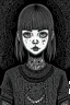 Placeholder: create a full body portrait illustration of a a gothpunk girl with highly detailed , sharply defined feminine facial features, in a chaotic, turbulent, otherworldly London in the style of Junji Ito, precisely drawn, inked, with dramatic edges,