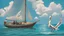 Placeholder: A small, brightly colored sailboat with a billowing white sail cuts through a turquoise ocean. The wind fills the sail, causing the boat to lean slightly. In the distance, fluffy white clouds drift across a clear blue sky. One majestic brown pelican with a large pouch full of water flies gracefully above the boat. The image evokes a sense of calm adventure, the refreshing scent of the ocean breeze, and the abundant wildlife. The style is as if a 5 year old did it with paint.