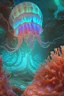 Placeholder: jelly fish beautifully detailed (centered), iridescent shells on a sea bed delicate detail, a rock wall with anemones, small colorful fish swimming around (under water setting), highly detailed, neon ambiance, abstract black oil, gear mecha, detailed acrylic, grunge, intricate complexity, rendered in unreal engine, photorealistic, outer space, vani