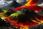 Placeholder: acidic soil with lava and mountains , red white yellow black colors , magic the gathering style, hyper realistic style