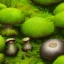 Placeholder: microphotography mushroom growing in a mossy dense lush green woods, high definition, detail, HD, 8k, realistic, 3d rendering, blender, photography, fisheye, bulge, tilt shift blur