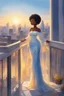 Placeholder: The scene opens onto a serene balcony overlooking a bustling city skyline. The sky above is painted in soft hues of blue and yellow as the sun begins its descent, casting a warm glow over everything it touches. In the foreground stands a captivating figure, airbrush chibi cartoon curvy black woman exuding confidence and elegance. She is adorned in a flowing white knit maxi dress that hugs her curves in all the right places, accentuating her silhouette. Her choice of footwear is equally stunning