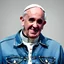 Placeholder: Pope wearing cool jean jacket 1990s style color studio lighting telephoto lens