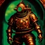 Placeholder: 90's TCG art retro scifi art of a steampunk diver with big armor