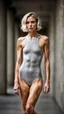 Placeholder: beautiful anorexic woman, total shot, short silver triathlon swimsuit, short blond wavy bob hair, blurred concrete background