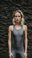 Placeholder: photography of a beautiful anorexic woman, grey satin triathlon top, sports illustrated, blond short wavy bob haircut, pronounced sternum, flat chest, anthracite cycling leggins