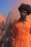 Placeholder: 3D render of a cyberpunk tribal young black man, black afro hair, ragged shirt, on a orange dune background, digital art