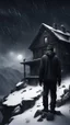 Placeholder: Hyper Realistic black dressed sad man on the top of a mountain & an abandoned dark haunted house at heavy snowfall night