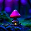 Placeholder: "Close up of a wonderful tiny Mushroom Tower home. Magenta and red with bright white, deep black and contrasting tones of gray magenta and violet colors. Illuminated bioluminescent forest. Professional painter, master at composition. small but detailed. broken, blurred background, voluminous lighting"