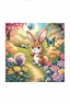 Placeholder: Dark moonlight calmly falling over a piece ful sleeping garden. Blue and white colors in the same style as reference image, the bunny, squirrel and butterfly are seen from behind looking at the shining moon