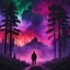 Placeholder: Wide shot ((night sky, red thunder lightnings)), ((pine woods)) ((a duo of (((a long hair) man)) and ((a woman)) backview silhouettes)) a cabin surrounded by red purple mist and green black haloes, ((facing an evanescent foggy form of a giant floating mask of Jason Voorhees, epic melted with the sky)), 80's horror movie poster, ((dark horror synthwave))" ((add urban details, garbage, electrical lines etc))"