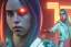 Placeholder: Billie Eilish, on stage with guitar, cyberpunk2077, realistic, not to be distinguished from a photo, identical pupils, photorealistic illustration