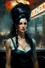 Placeholder: muscular stunning tall russian woman 35yo with long black hair wearing as a waitress in a 50s diner smiling :: dark mysterious esoteric atmosphere :: digital matt painting with rough paint strokes by Jeremy Mann + Carne Griffiths + Leonid Afremov, black canvas, dramatic shading