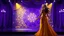 Placeholder: modern stage with gray-dark yellow blueish violet theme artistic decoration , color full dynamic lighting, a beautiful lady in maxi dress with shining silver jewels ,curvy long hair,dancing, 3D recursive fractal structure animating background