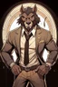 Placeholder: Buff, anthro, wolf, himbo, black fur, gold eyes, wearing a suit, full-body, muscles, strong, muscular, man boobs, bulky, tail, dark fur, smug grin, hands on hips, furry-himbo, broad shoulders, wide hips,