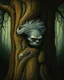 Placeholder: Bosch painting style , a hairy creature hiding behind a big tree , half of his body and face is showing up