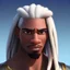 Placeholder: African male swordsman, white hair, dreadlocks, leather armor, fantasy art, portrait