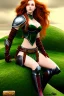 Placeholder: concept illustration,ultra-realistic, super-detailed, strikingly beautiful teen female, 16 years old, long ginger hair, green eyes, medium freckles, full lips, full body, full face, b-cup breasts, athletic, centred camera, ignore NSFW, black skimpy fantasy leather armor, sitting, legs spread