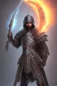 Placeholder: A warrior with a matte black combat helmet and eyes with bright blue flaming pupils, a black cape and a long coat with long combat boots and a long, sharp and fiery spear and with his helmet under his cape and two blue flames instead of eyes