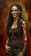 Placeholder: highly detailed, full body oil painting, petite, shyly smiling, goth woman of Spanish and Lebanese heritage with long dark braided hair, sharply defined angular facial features, anatomic perfection, by Andrea Kowch> <Yoji Shinkawa><Arthur Rackham> <Jean-Giraud Moebius, saturated vibrant natural color tones, precisely drawn and inked, 8k resolution