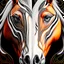 Placeholder: Horse symmetrical design symmetrical eyes symmetrical ear symmetrical frontal view ink art colours orange cream white and black hyper-detailed realistic 8k