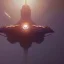 Placeholder: huge ornate spaceship made of brass flying through space, dramatic lighting