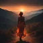 Placeholder: dark night, watching a woman from behind wearing a sleeveless dress who is walking towards a beautiful orange sunrise in the distance, mountains and forests around, photo quality, dark orange glow