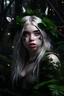 Placeholder: beautiful young sexy billie eilish, covered in leaves with exposed shoulders and belly, long messy braided white hair, druid, dungeons and dragons, pale smooth skin, nature, flowers crown, choker, realistic, highly detailed face, very high resolution, looking at the camera, centered