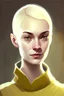 Placeholder: full colour drawing, portrait, 22-year old friendly slender female human cleric, shaved head, blonde eyebrows