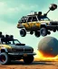 Placeholder: Apocalyptic vehicle driving towards the Camara with a massive exsplosion behind it