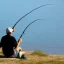 Placeholder: homme entrain de pêcher, vue éloigné, de coté, position assise, réaliste