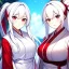 Placeholder: Clear focus, 8k, beautiful lighting, vibrant colors, girl, white hair, long hair, vibrant red eyes, ponytail, same twins, white hair, red eyes, same clothes, miko,