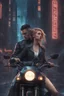 Placeholder: Science fiction, cyberpunk, city street, couple girl and guy, together, love at first sight, forbidden love, storm, lightning, motorcycle